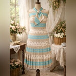 Vintage 1960s Beige, Cream & Bright Blue, Tie Front, Drop Waist, Pleated Dress